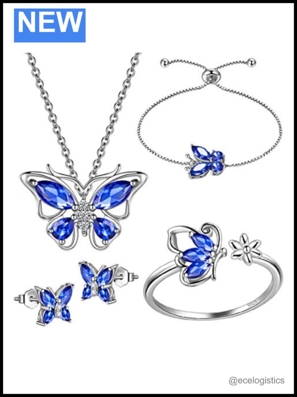 925 Sterling Silver Butterfly Jewelry Set Pendant Necklace Earrings Ring